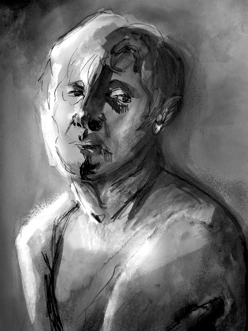 Old lady. Ink on paper, 2021.