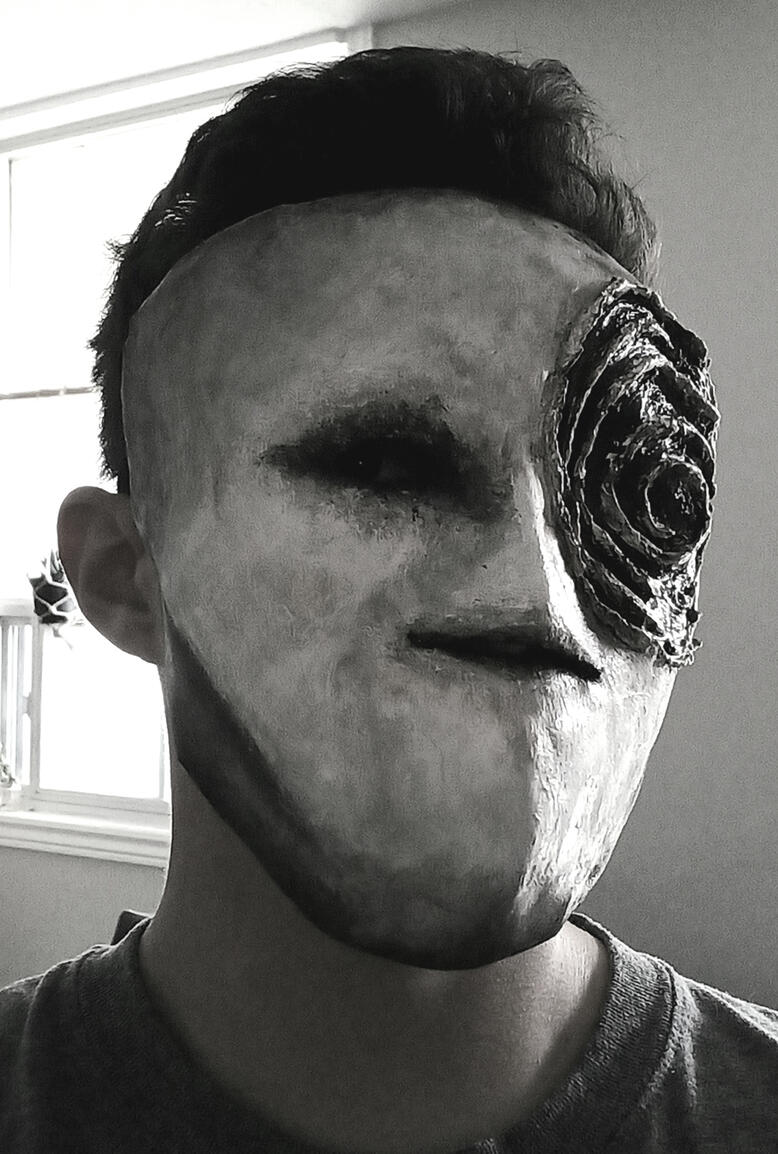 Mask. Paper maché reinforced with air dry clay, 2022.